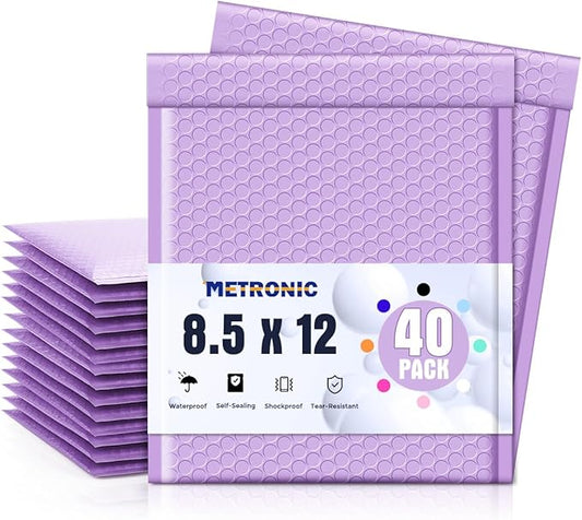 Metronic Bubble Mailers 8.5 x 12 Inch 40 Pack Light Purple Usable Size 8.5x11 Bubble Mailer Waterproof Padded Envelopes for Packaging, Mailing, Shipping, Lavender Bulk