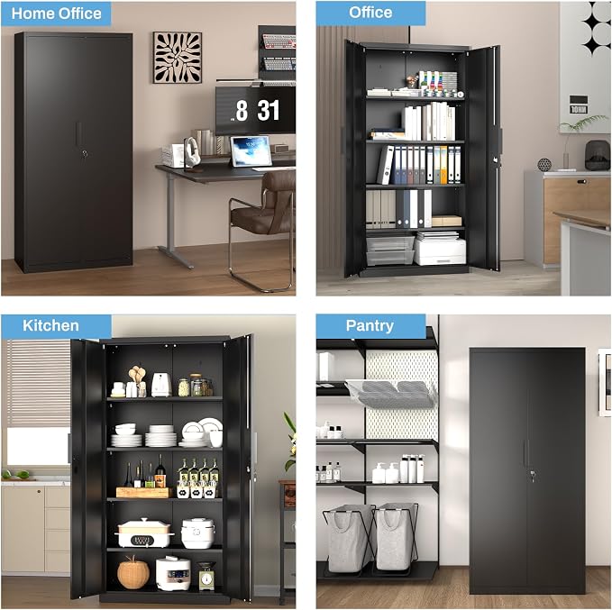 Metal Garage Storage Cabinet, 72" Tall, Black | With Lock, Steel Storage Locker, 4 Adjustable Shelves, Heavy Duty