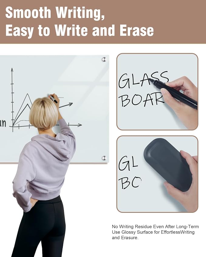 Mifuro Magnetic Glass Whiteboard，60"x48" Wall Mounted Frameless Dry Erase Board for Office, Home & School White