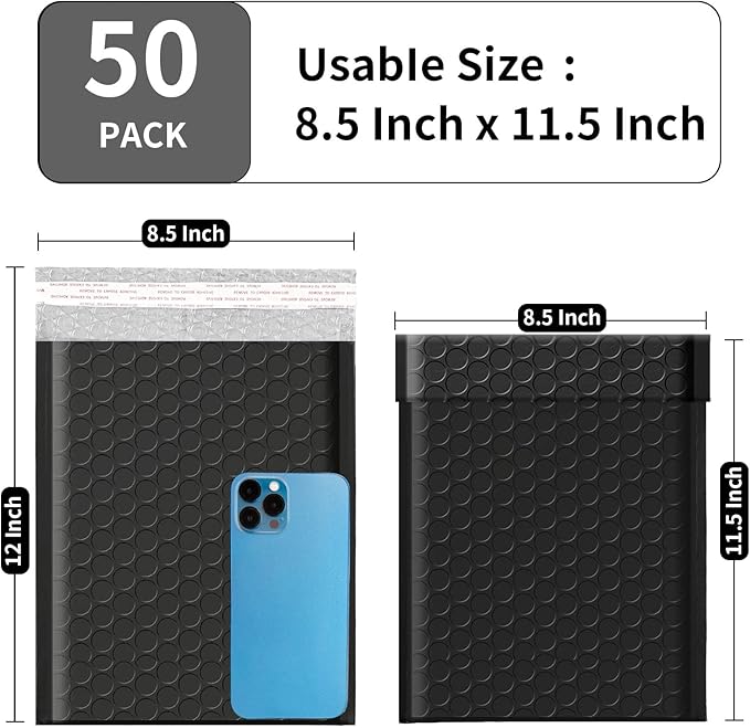 8.5 x 11 Bubble Mailers 50 Pack - Outer Size 9x12 Heavy Duty Black Padded mailer with Self Seal, Waterproof Shipping Envelopes, Bubble Wrap Protection for Ecommerce, Non See Through