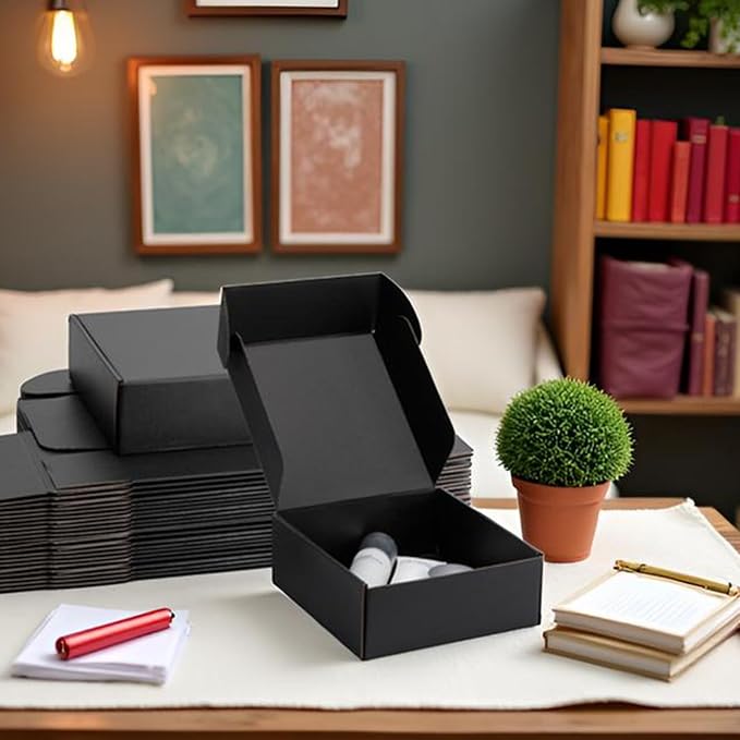 8x8x3 inch Black Shipping Boxes for Small Business- Set of 25 | Sturdy ECT 32 Corrugated Cardboard Mailer Boxes, Easy Assemble for Packaging, Mailing, Gift