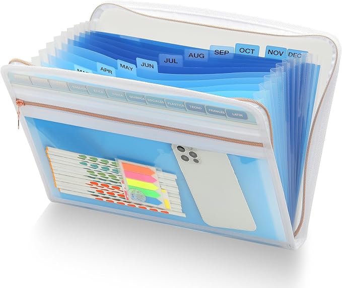 H4D 13 Pocket Expanding File Folder Organizer, Blue, 8.5-x-11-inch | Zippered, Front Clear Pouch, Letter Size Paper, A4 Paper, Fit for Documents