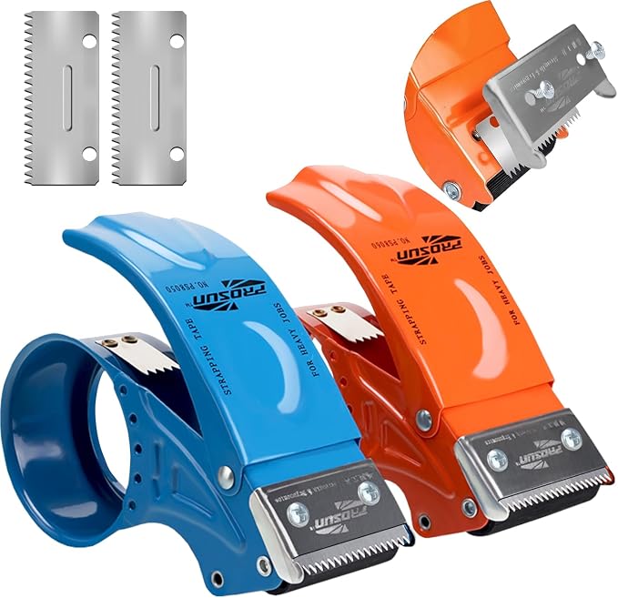 PROSUN 2 Pack Heavy Duty Metal Packing Tape Dispenser Gun and 2 Replacement Blades:2-inch Wide Tape Dispenser for Shipping, Moving, Office & Warehouse(2026 NEW Set 2" Blue + 2" Orange)