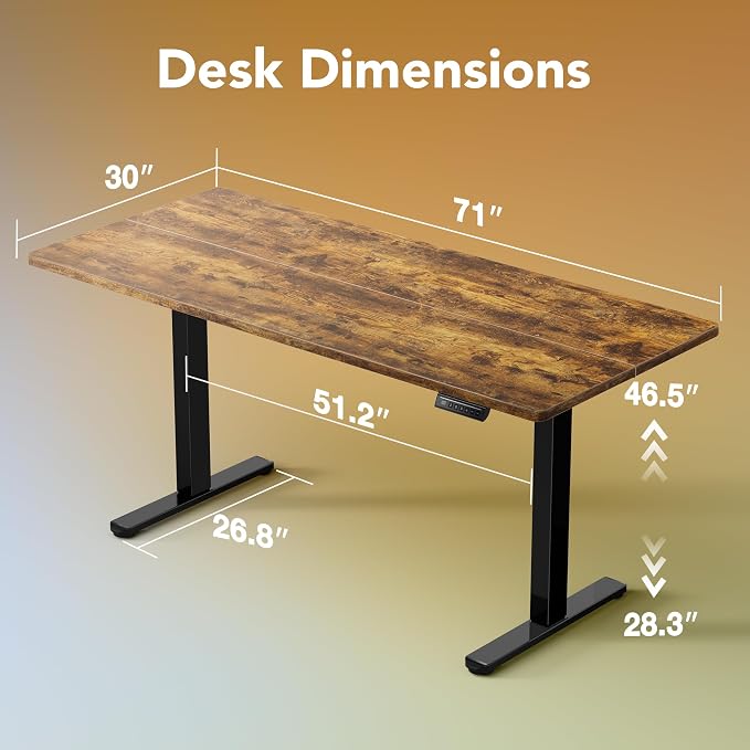 HUANUO 71x30 Inch Electric Standing Desk, Height Adjustable, Rustic Brown | 176 Lbs Capacity, Smooth Home Office Desk, 4 Memory Presets & Headphone Hooks, 28.3–46.5 Inch Height Range, Easy to assemble