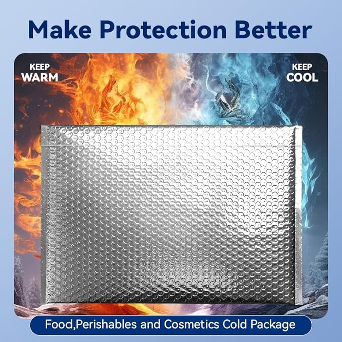 Koja Insulated 50-Pack Thermal Metallic Foil Padded Bubble Mailers 20 X 24 Inches Waterproof Metallic Envelopes Cold Shipping Bags for Frozen Food, Ice Pack Delivery, Perishable Items - Thick 180 GPS.
