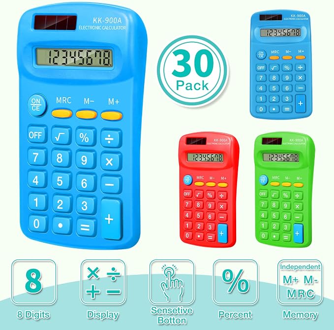 Flutesan 30 Pack Pocket Calculator,Green, Red, Blue | Mini 4 Function Calculators, for Students Kids, Small Battery Powered Bulk, Basic Handheld, for School Classroom Home Office