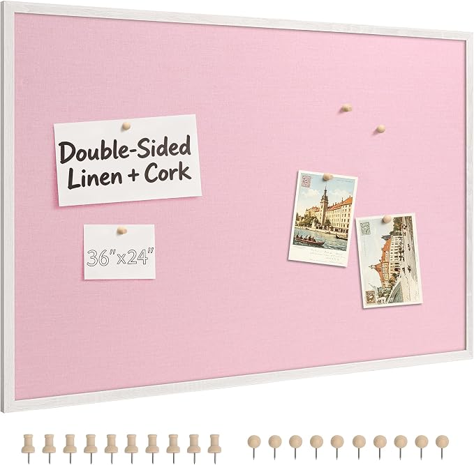 SELEAD Double-Sided Linen and Cork Bulletin Board (36"x24", Pink) | 2-in-1 Fabric Linen Cork Pinboard, White Wood Frame Wall Decor Photo Display Vision Board for Home Family, Bedroom, Dorm Room