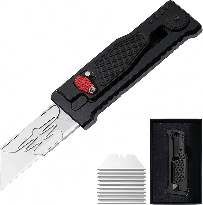 5.8" Aluminium Utility Knife, EDC Box Cutter with Clip, CNC Unibody, Lightweight All Metal Folding Box Cutter, Ideal Gifts for Men Women, with 10 Extra Blades（Black）