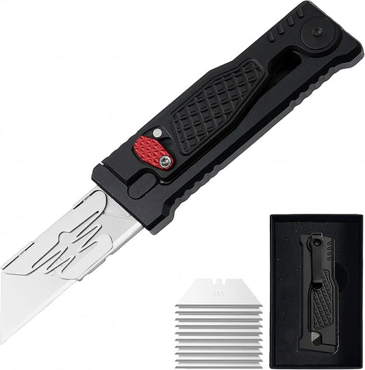 5.8" Aluminium Utility Knife, EDC Box Cutter with Clip, CNC Unibody, Lightweight All Metal Folding Box Cutter, Ideal Gifts for Men Women, with 10 Extra Blades（Black）