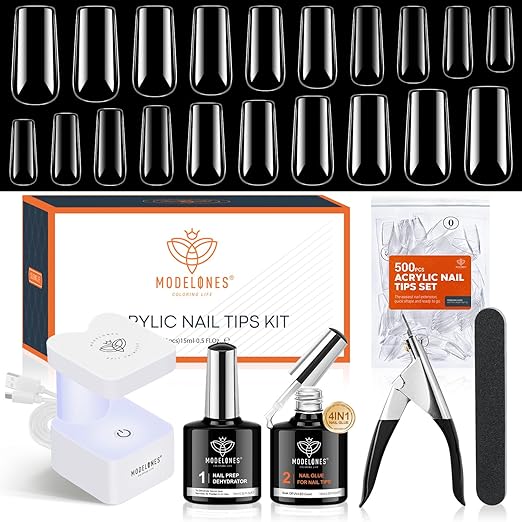 modelones X Nail Gel Kit,Square Nail Tips, 9-in-One Glue Prep Dehydrator & Portable Mini U V Light Acrylic Clipper, 500Pcs Medium Square Tips for Extension Kit DIY Salon Home Gift
