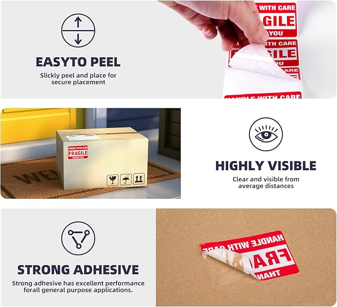 Fragile Stickers for Shipping Moving Boxes 2000 Fragile Labels 2 x 3 Inch Fragile Tape for Shipping Handle with Care Sticker-4 Rolls, Red
