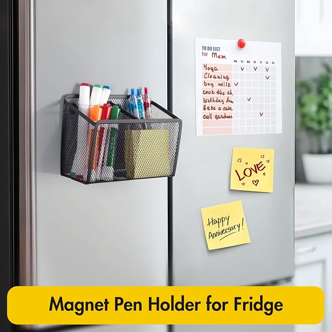 BEYGORM Magnetic Dry Erase Marker Holder for Whiteboard, Locker Organizer | Mesh Non-slip Pen & Pencil Holder for Refrigerator, Basket for Classroom, School &Office (Black, 1-Pack)