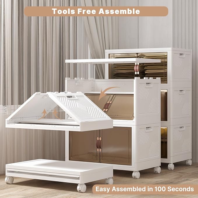 504QT Stackable Storage Bins with Lids, Doors & Wheels | Closet Organizers and Storage Cabinet , Lockable Plastic Foldable Drawers for Bedroom Dorm Office Garage（168QT*3,White）