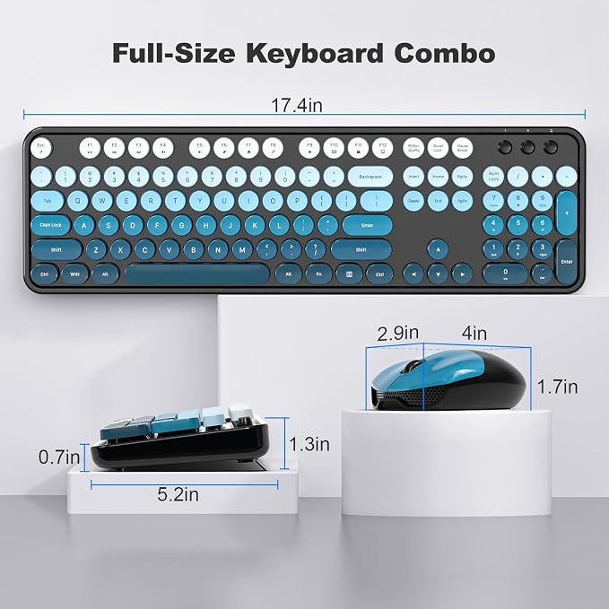 MOFII Wireless Keyboard and Mouse Combo, Full Size 2.4G Plug and Play Typewriter Retro Round Computer Keyboard and Mouse Set for Windows, Computer, Desktop, PC, Notebook - (Black Blue Gradient)