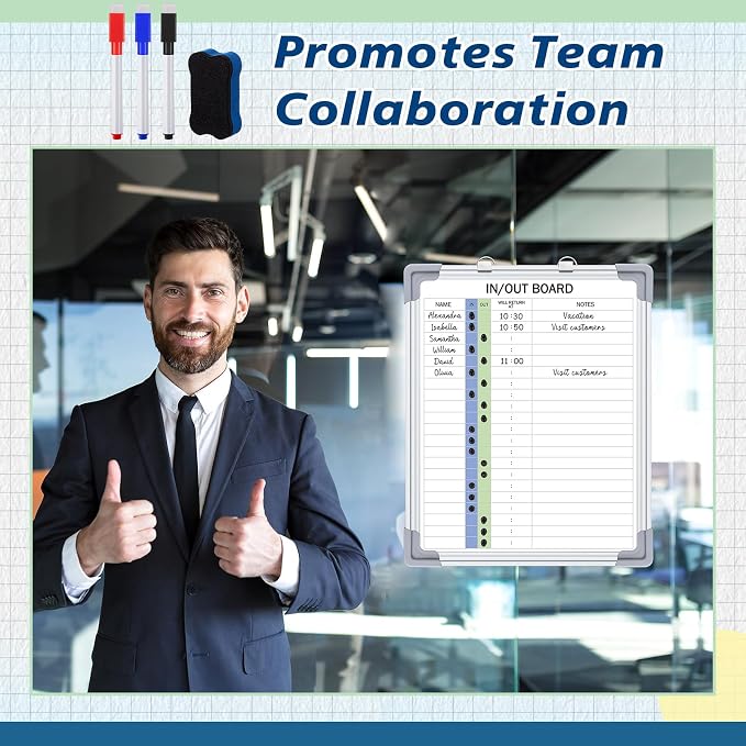 in and Out Magnetic Dry-Erase Board 16" x 12" Aluminum Framed White Board with Lines 21 Names with Magnetic Dry-Erase Marker, Eraser, and 20 Magnets Wall-Mounted for Office Employee
