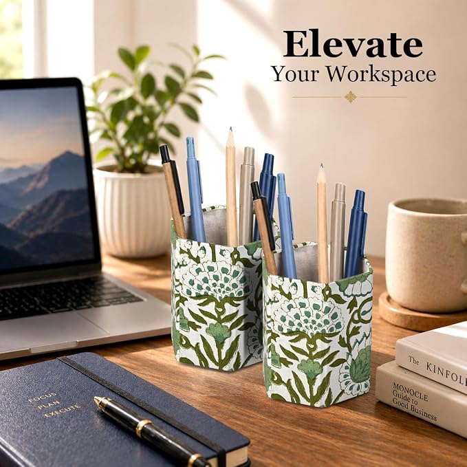 CPC Agate Green Block Print Cotton Pen Holder Set of 2 | Boho Makeup Brush Holder Floral Pencil Cup Girls Kids Durable Stand Desk Organizer Storage Floral Office Supplies, Classroom