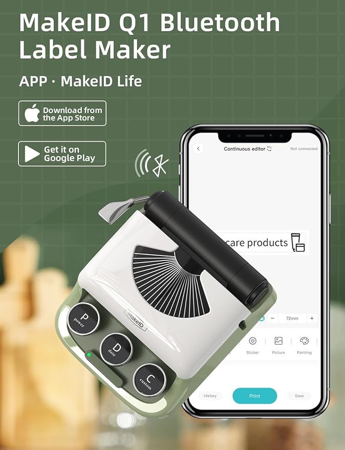 Makeid Q1 Label Maker Machine with Tape - Portable Bluetooth Label Makers for Home & Office Organization - Compatible with Apple iOS & Android - Clear Prints, Custom Templates & Fonts, Retro Design