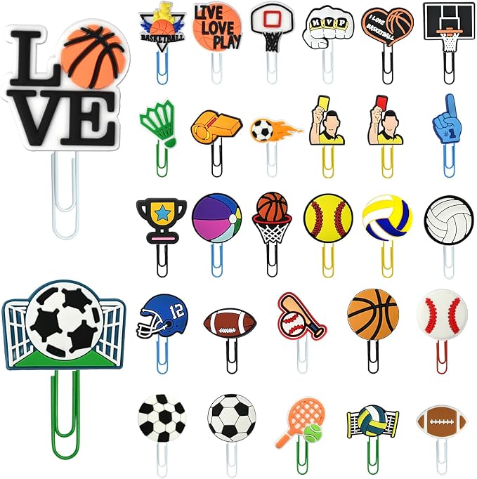 30 PCS Sport Paper Clips Metal Ball Paperclip Large Size Paper Clip Cute Bookmark Colorful Office Supplies Bookmark Clamp Desk Accessories Stationery Gifts