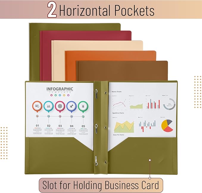 Mr. Pen- Plastic Folders with Pockets and Prongs, 5 Pack, Letter Size, Autumn Earth Colors, Flexible Plastic Folders with Prongs