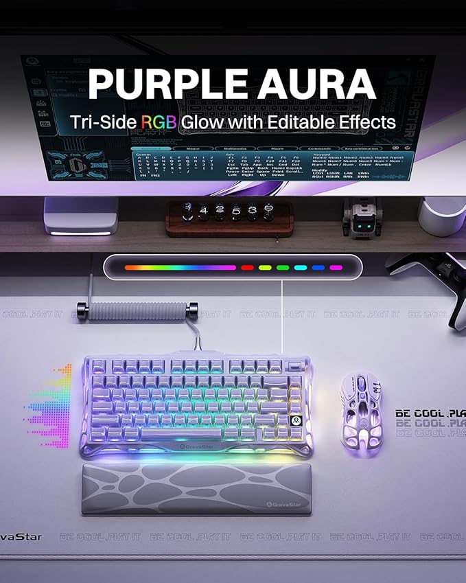 GravaStar Mercury K1 Purple 75% Wireless Mechanical Keyboard – Tri-Mode BT5.0/2.4GHz/USB-C Gaming Keyboard, Jelly Keycaps, Linear Switches, RGB Backlit Creamy Keyboard for PC/Mac, Cute & Stylish