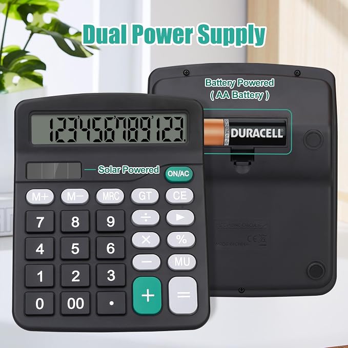 Desktop Calculator, Black Calculator Big Buttons, 12-Digits | Large LCD Display, Solar and AA Battery Dual Power, Desk Calculators for Office Home School Business Class (Black)