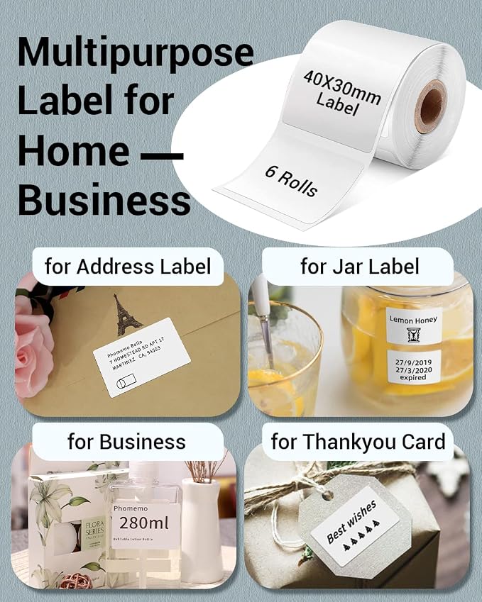 Phomemo Labels 6 Rolls,1.57"x1.18", Use for M110/M100/M220/M108, 1380 PCS | 40×30mm Square Thermal Stickers Labels for Kids & School, Barcode, Logo, Business, Home,Organization, Peptide Vial, White