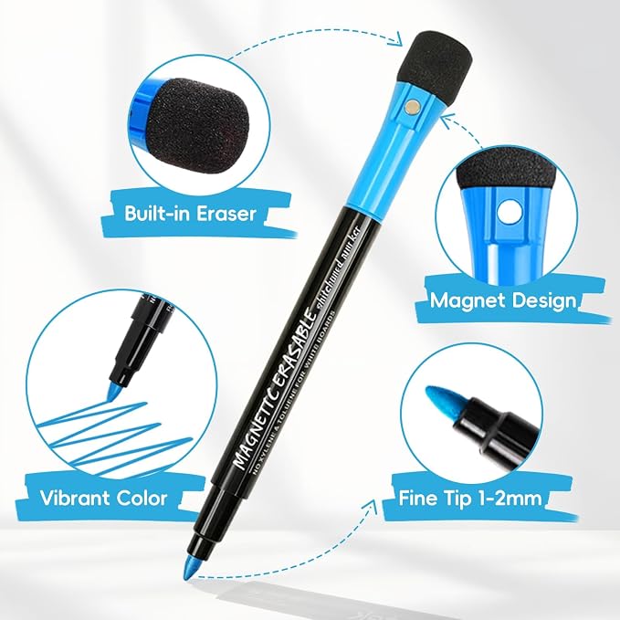 EMART Dry Erase Markers Fine Tip 12 Colors Magnetic White Board Markers | 1-2mm Thin Whiteboard Pens with Eraser Cap Low Odor for School, Classroom, Office, Home, Teacher Must Haves