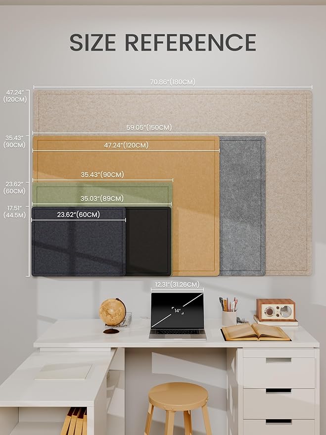 Fluxynara Large Bulletin Board, 59" x 35.4" Cork Board Alternative with 24 Safe Removable Adhesive Tabs, Foldable Felt Pin Board for Home Office, Classroom, Bedroom,Entryway for Walls— Mustard Yellow