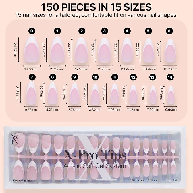 SXC Cosmetics French Tip Press On Nails Pink Medium Almond 150 Pieces in 15 Sizes Ultra Fit with Pre-applied Tip Primer and Base Coat, No Need to File Fake Nails for Nail Art DIY X-Pro Tips