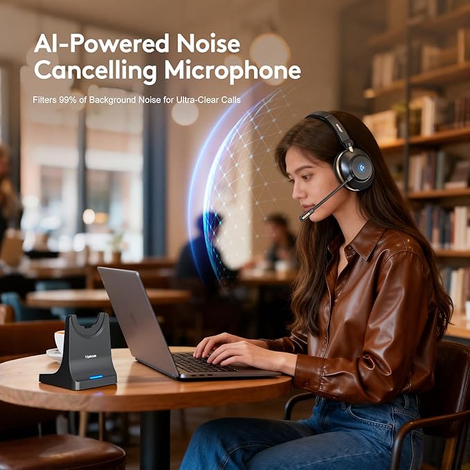 Wireless Headset with Mic for Work,6.0 Bluetooth Headset with Microphone,45 Hours Worktime & Mute Button,Headset with Mic for Pc,iPhone,Computer,Remote Work,Office,Home,Zoom,Skype