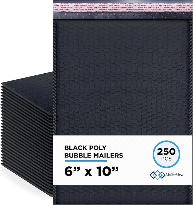 Black Small Poly Bubble Mailers 6x10 inch #0 | Self Seal Padded Envelopes | Cushioned Bubble Mailer | Usable Size 6x9 | WaterProof | Lightweight mailing Shipping Bags | 250 Pack Bulk | Made in USA