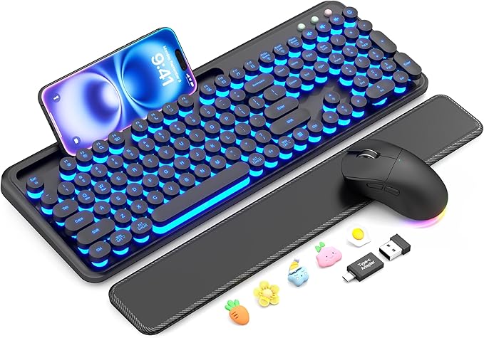 Wireless Keyboard and Mouse, Backlit Typewriter with Magnetic Wrist Rest | Phone Holder, Light Up Round Keycaps, Lighting Mouse, 2.4GHz Cordless Set for Mac, Windows, PC, Laptop, SABLUTE
