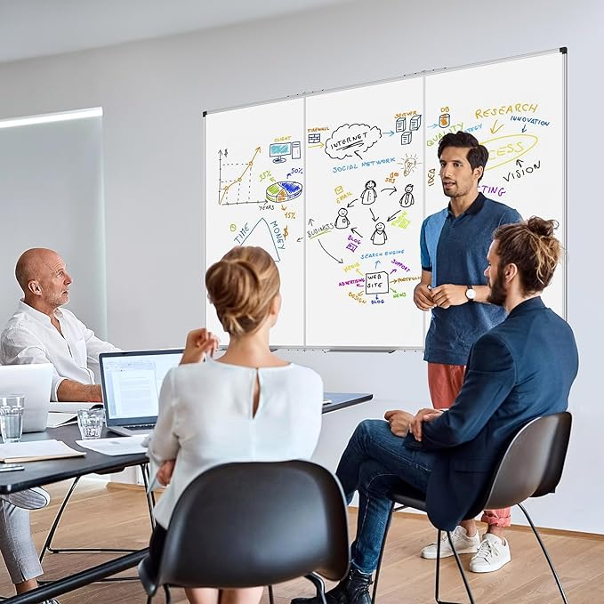 XBoard Extra Large Magnetic Whiteboard 96 x 48 Inch, Giant Foldable Dry Erase White Board with Aluminium Frame & Marker Tray 8' x 4' | Wall Mounted Tri Folding Message Presentation Board