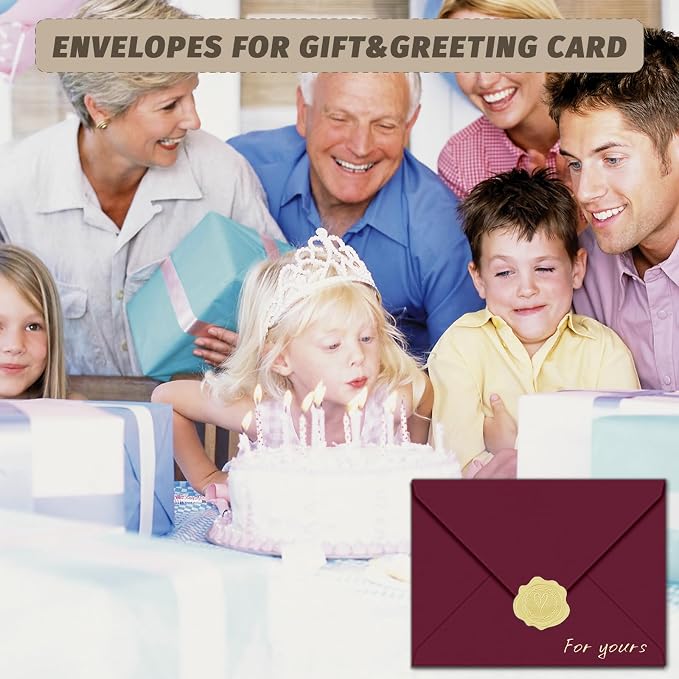 5x7 Envelopes With Golden Stickers (50, Burgundy, A7) | A7 Envelope for Invitations,envelope for 5x7 cards,Self Seal for Postcards, Greeting Cards, Mailing，Wedding