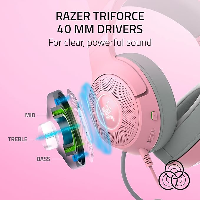 Razer Kraken Kitty V2 USB Wired Headset: Chroma RGB Kitty Ears - Stream Reactive Lighting - HyperClear Cardioid Mic - 40 mm Drivers - 7.1 Surround Sound - Comfortable Ear Cushions - Quartz Pink