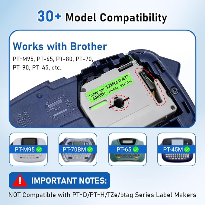 Compatible with Brother P Touch M Tape Green 12mm 0.47 | M-KD31 Fluorescent Green Label Tape Refills Wrok for PT-M95 PT-65 PT-45 PT-70 PT-80 Label Maker , 4 Pack