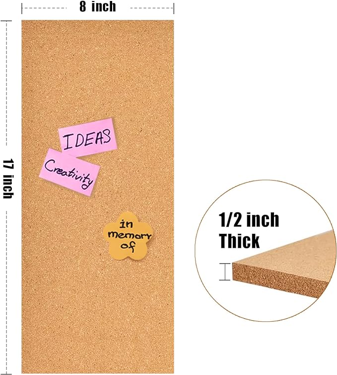 17x8 Cork Board Tiles Bulletin Board, 1/2" Thick Self-Adhesive Cork Boards for Walls, Cork Tiles Vision Board for Home, Office, School, Bulletin Board Decorations(12mm,8pc)