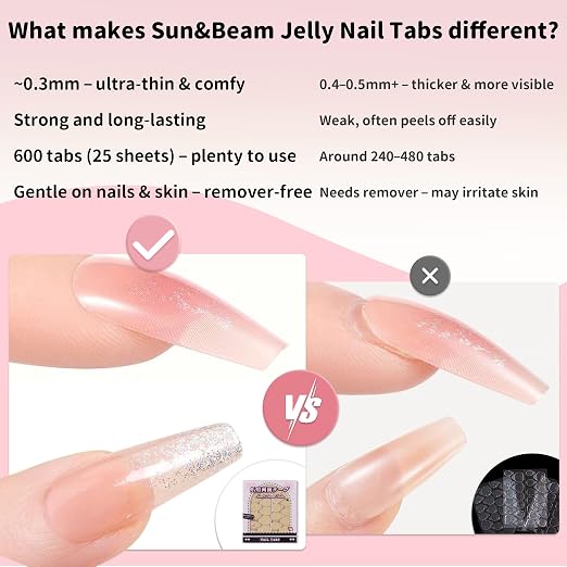 Sun&Beam Nails Jelly Nail Tabs for Press-On Nails 0.2mm Ultra-Thin Waterproof Adhesive 600pcs Strong Hold Double Sided Tabs for Finger (Pink Ultra-Thin)
