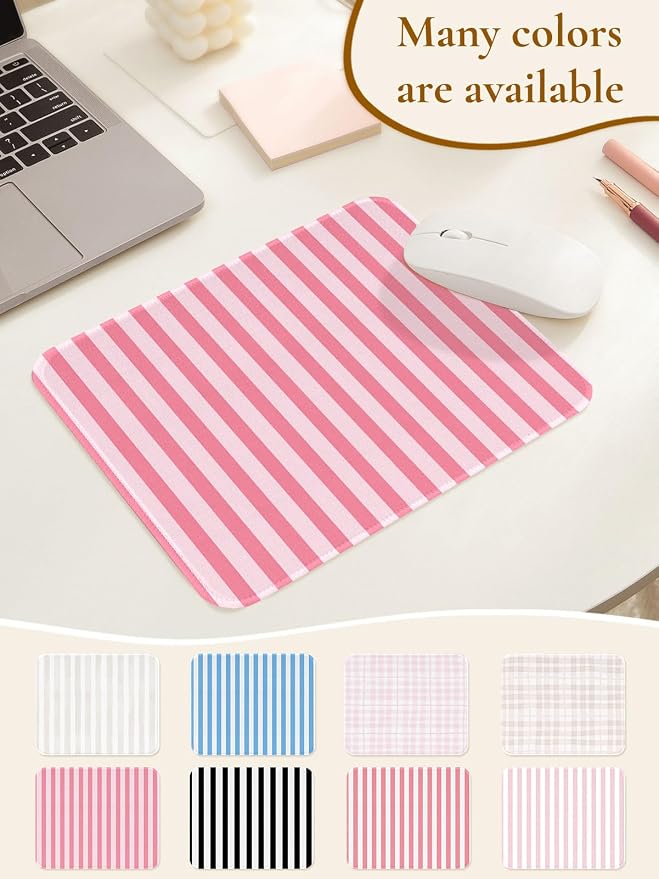 Square Cute Striped Mouse Pad with Stitched Edge, Premium Waterproof Cloth Aesthetic Small Mouse Mat, Non-Slip Rubber Base Simple Funny Mousepad Desk Accessories,Rose Pink