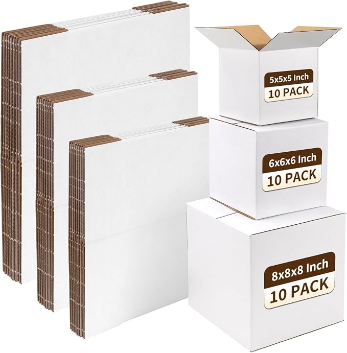 Assorted Shipping Boxes 8X8X8 & 6X6X6 & 5X5X5 Pack of 30, Small shipping box White, 10 PCS Each Corrugated Cardboard Box for Packaging Small Business, Mailing