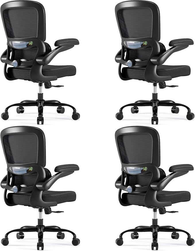 TRALT Ergonomic Office Chair Desk Chair with Adjustable Lumbar Support | Desk Chair Comfy with Flip-up Armrests Ergonomic Chair - Mesh Computer Chairs for Adults, 330lbs, PU Leather (Black, 4)