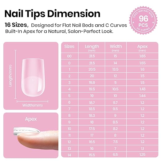 Beetles Tipex Lite Instant Apex Nail Tips, Short Square, 16 Sizes | 00–14, Built-in Apex Acrylic Tips for Flat & Natural Nail Beds, Beginner-Friendly Easy DIY Nail Extensions