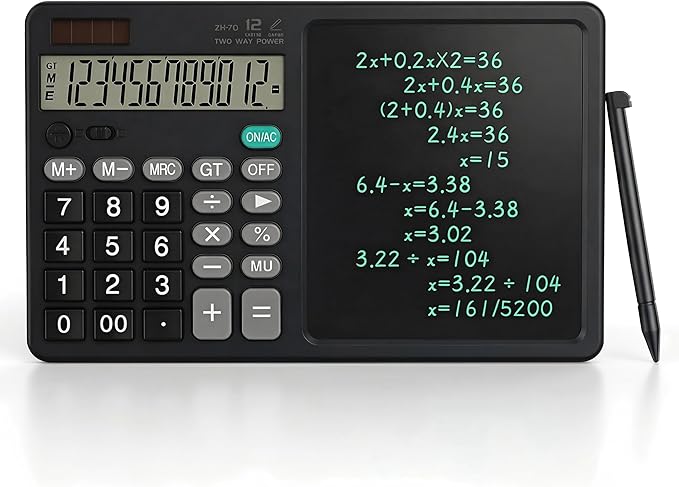 Desk Calculator with Erasable Writing Pad, 12-Digit Wide Screen Display, 100,000+ Reusable LCD Notepad, One-Click Clear & Lock Function, Solar and Battery Dual Power for Office,School,Business (Black)