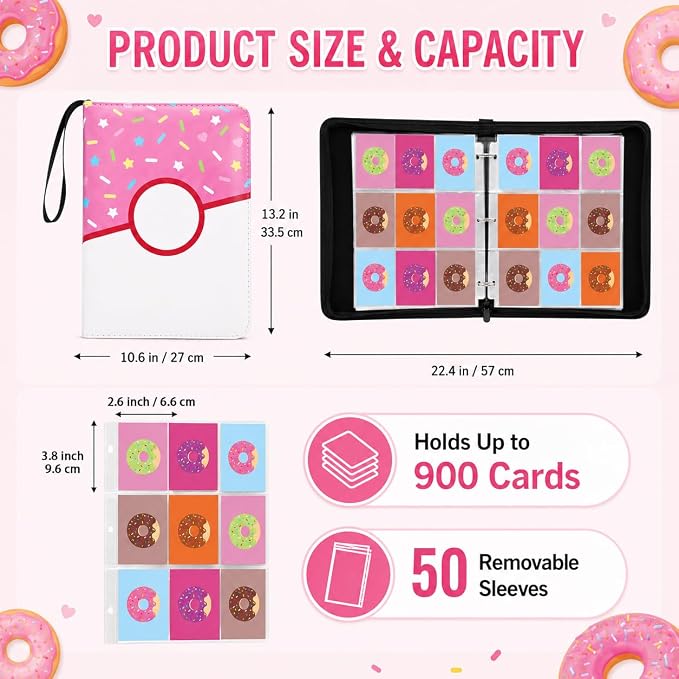 9 Pocket Card Binder 900 Card Holder Album, Pink Donut Trading Cards Holder Zipper Binder for Girl Teen Collection (Pink Donut, 900 Pocket)