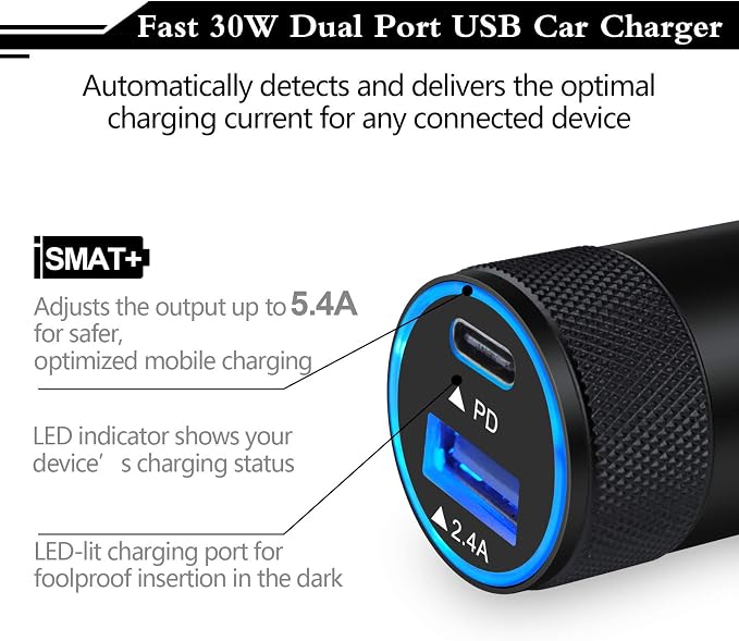 USB C Fast Car Charger,30W 3.0 PD Type C Car Adapter 2 Port USB C Car Plug Compatible for iPhone 17/16/15/14/13/12 Pro Max/11 Pro/SE/X/XR/8/7/6 Plus,Samsung Galaxy S25 S24 S23 S22 S21 S20,Pixel 9 8 7