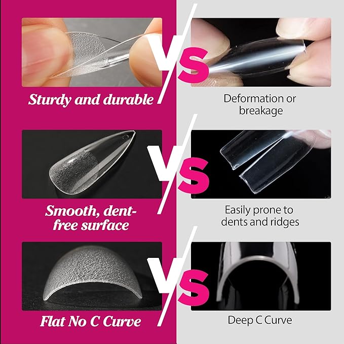 UNA GELLA Long Stiletto Nail Tips 504PCS, Full Cover Pre-Etched Long Stiletto Almond Clear Fake Nails Tips, Sturdy Acrylic Press on Nails, No C Curve Soft Gel Tip for DIY Nail Extension kit 12 Sizes