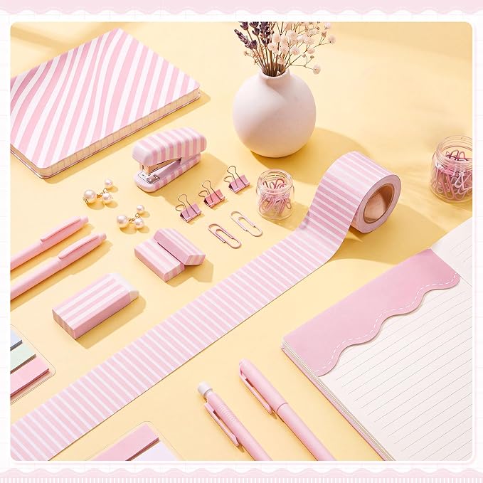 2 Rolls 65.6ft Light Pink Striped Bulletin Board Borders Decoration Scalloped and Straight Edge Pink Bulletin Borders Board Trim for Office School Classroom Chalkboard Party Decoration
