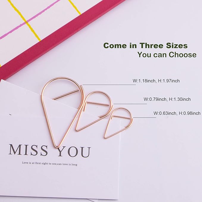 70 Pieces Rose Gold Cute Paper Clips Large, VENCINK Smooth Stainless Steel Drop-Shaped Wire Paperclips for Office Supplies Wedding Women Girls Kids Students Paper Work