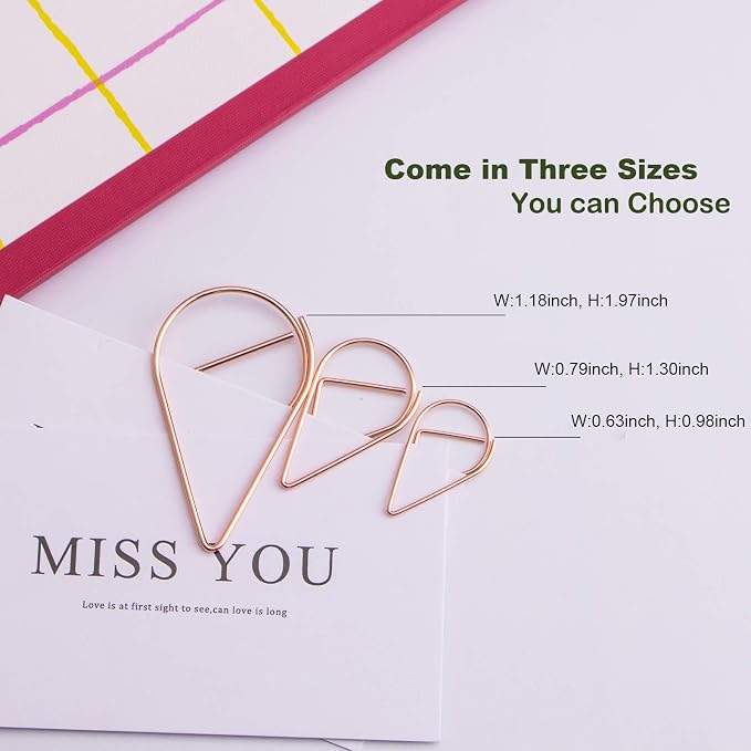Rose Gold Large Drop-Shaped Paper Clips 2 Inch/ 50mm | Drop-Shaped, Stainless Steel Paperclips, For Office School Home Desk Organizers, Wedding Invitations, Greeting Cards