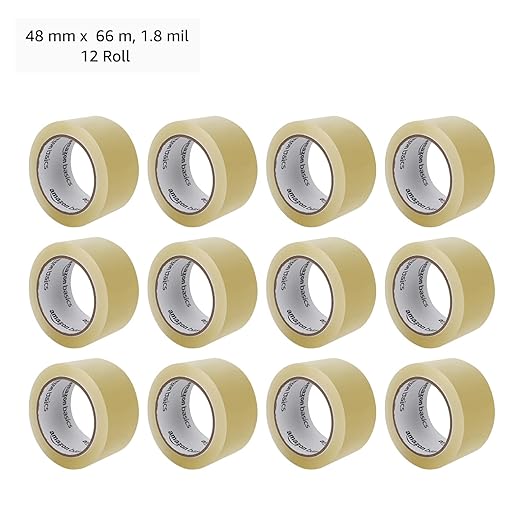 Amazon Basics Clear Shipping Packing Tape Rolls for Moving and Packaging, Home Office Supplies, 1.88 in x 72.2 Yards, 1.8 mil Thick, 12 Count